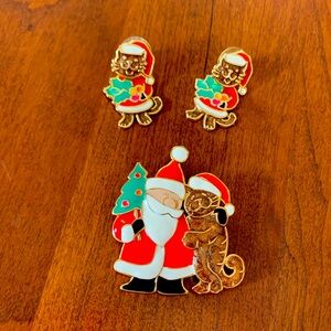 Christmas Kitty - vintage Berebi pin and earring set